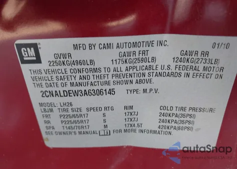 2010 Chevrolet Equinox Lt z USA, uszkodzony, nr VIN 2CNALDEW3A6306145